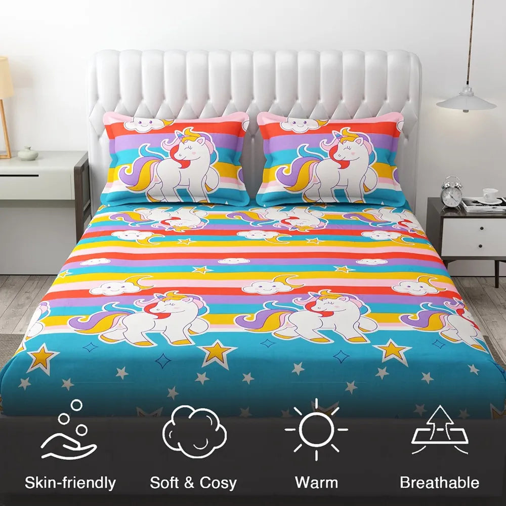 Fresh From Loom Cartoon 300 TC Wrinkle Free Glace Cotton Elastic Fitted Bedsheet for Kids with Two Pillow Cover Queen Unicorn Multicolor