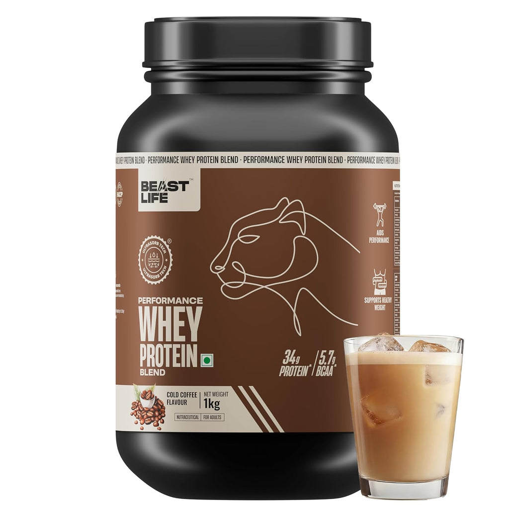 BeastLife Performance Whey Protein Blend | 34g Protein | 5.7g BCAA | 1Kg | Cold Coffee | Muscle Growth & Recovery | Easy to Digest with Ultrasorb Tech | Smooth & Easy to Mix | Contains Whey Protein Concentrate & Yeast Protein