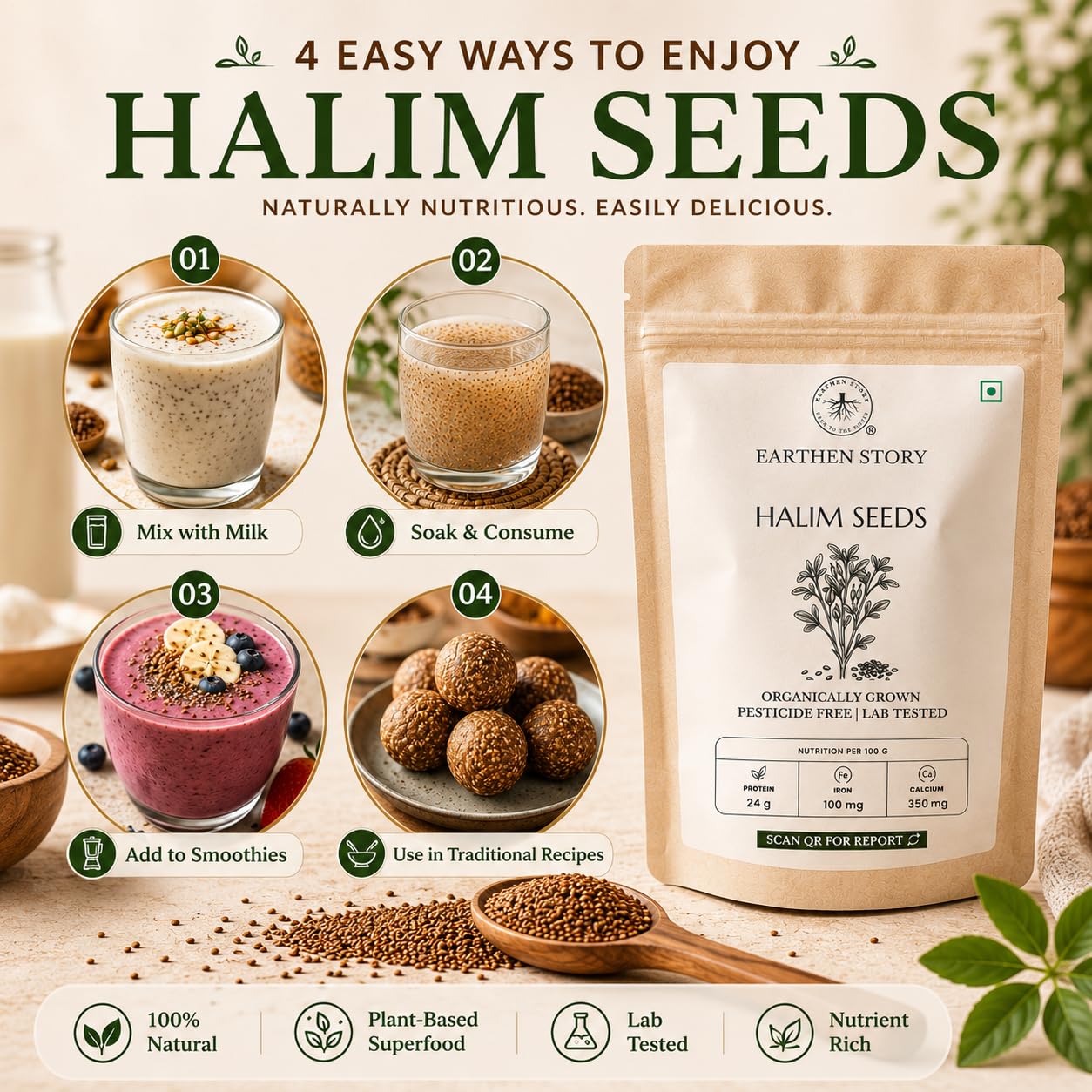 Earthen Story Edible Halim Seeds, 500g | Aliv Seeds | Rich in Iron & Fibre | For Laddu, Drinks, Smoothies & Daily Nutrition