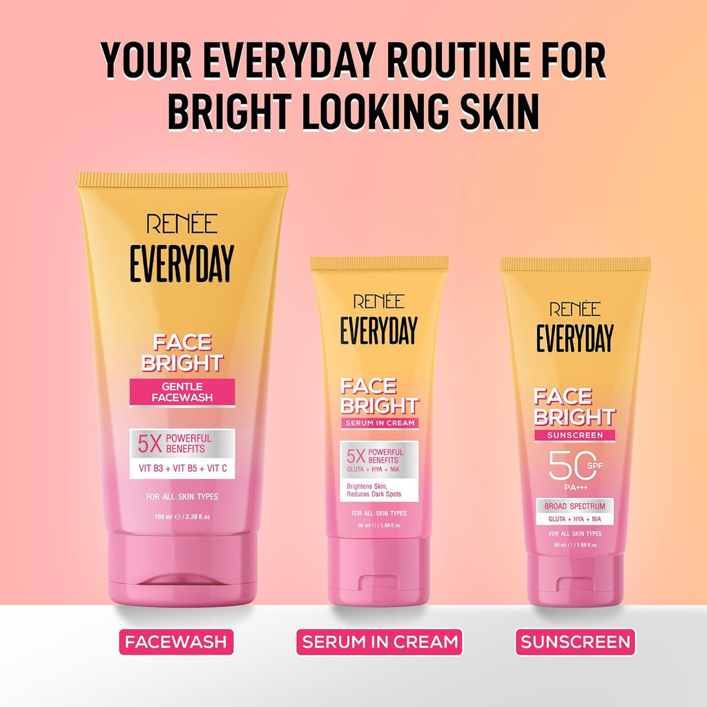 RENEE Everyday Face Bright Brightening Sunscreen SPF 50 PA+++ | In-Vivo Tested | With Niacinamide, Hyaluronic Acid & Glutathione | Broad Spectrum UVA & UVB Protection | Hydrates & Protects Skin | 50ml