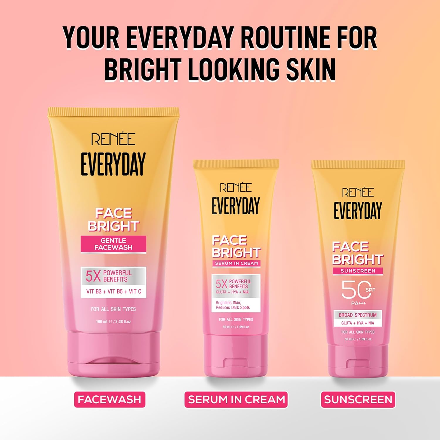 RENEE Everyday Face Bright Brightening Sunscreen SPF 50 PA+++ | In-Vivo Tested | With Niacinamide, Hyaluronic Acid & Glutathione | Broad Spectrum UVA & UVB Protection | Hydrates & Protects Skin | 50ml