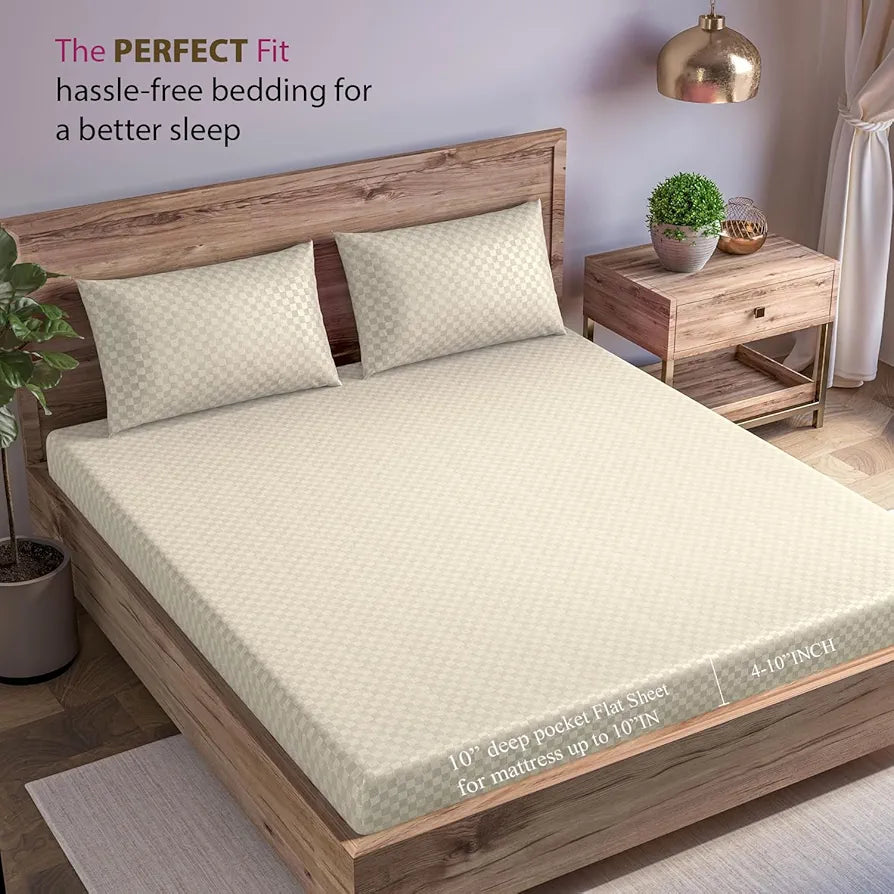 Trance Home Linen 300TC Premium Fitted Bedsheet for Queen Size Bed with 2 Pillow Solid Cover Skin Friendly 100% Cotton Jacquard Weave Colour Pearl