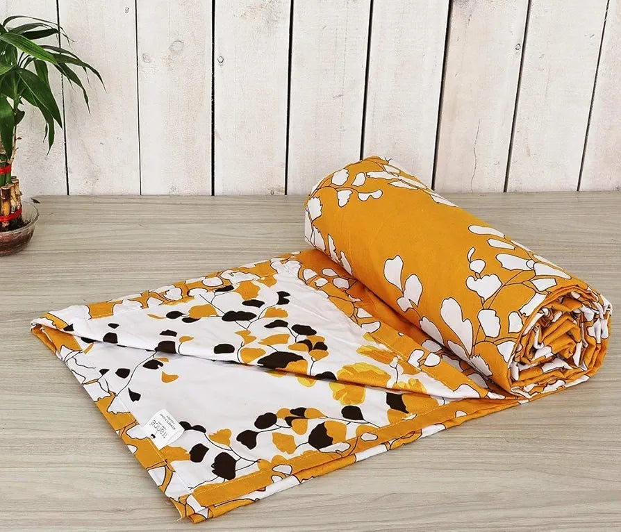 Trance Home Linen 150 GSM Pure Cotton Reversible Dohar Double Bed Size AC Blanket Comforter Soft Light-Weight Bed Blanket Colour Mustard White Leaves