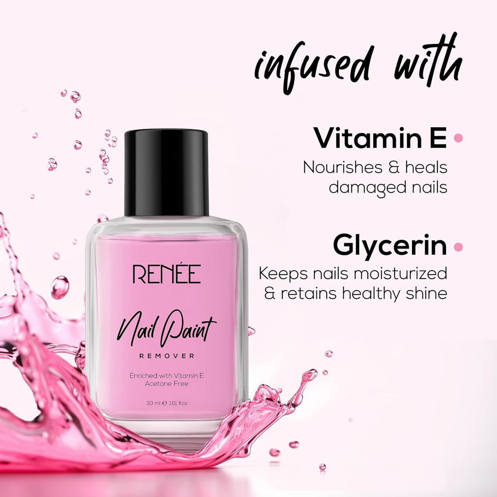RENEE Nail Paint Remover, 30ml - Moisturizing, Acetone Free, with Vitamin E & Glycerin for Nourished, Stain Free Nails - Quick, Effective, Gentle Nail Polish Remover for All Types of Nail Polish