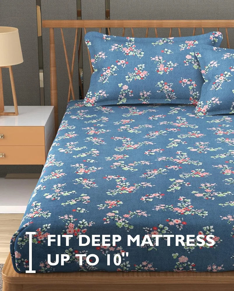 Fresh From Loom Anti Fade Floral Print 240 TC Microfiber King Size Fitted Bedsheet with 2 Pillow Covers Greyish-Blue