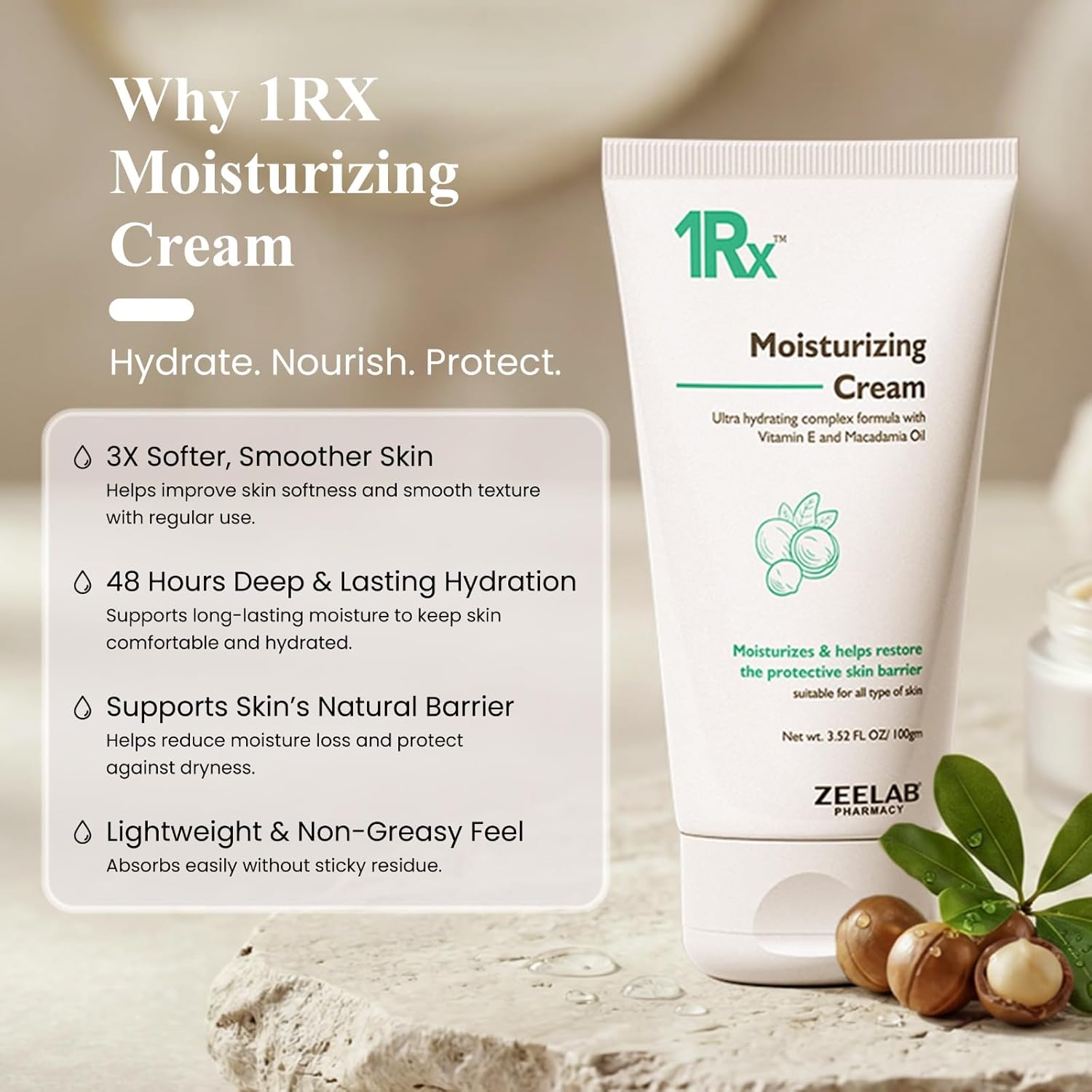 Zeelab 1RX Moisturizing Cream 100gm | Face & Body Moisturizer with Glycerin, Vitamin E & Macadamia Oil | Non-Greasy Daily Hydration Cream for Dry Skin