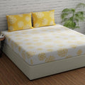 Huesland by Ahmedabad Cotton 144 TC King Size Bedsheet Cotton with 2 Pillow Covers | White & Yellow