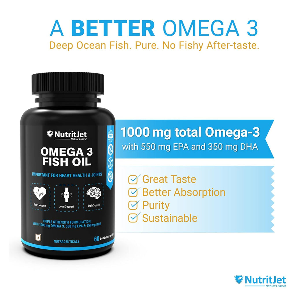 NutritJet Omega 3 Fish Oil 1000mg High Strength with 550 mg EPA and 350 mg DHA for Healthy Heart, Joint Care, Better Skin & Bones Health - 60 Softgels