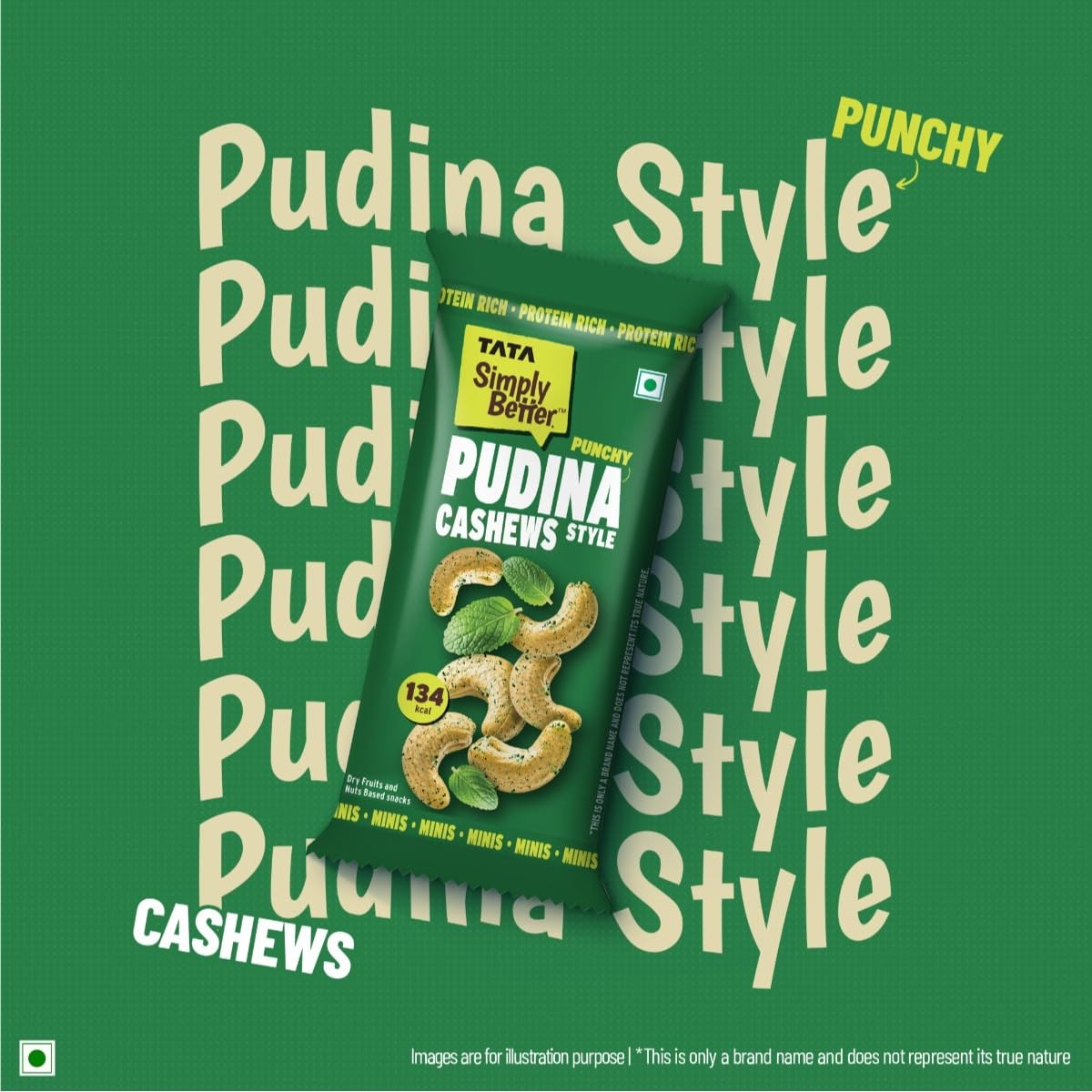 Tata Simply Better Punchy Pudina Style Cashews, 23g (Pack of 5), Rich in Protein, Party Snack, Delicious Kaju Nuts, Ready To Eat Snack, No Palm Oil, No Trans Fat