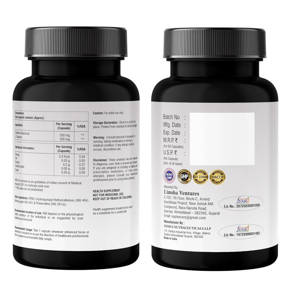 Suplee Caffeine 200mg & L-Theanine 200mg, Focus & Alertness Support, Pre-Workout & Study Aid, 60 Veg Capsules