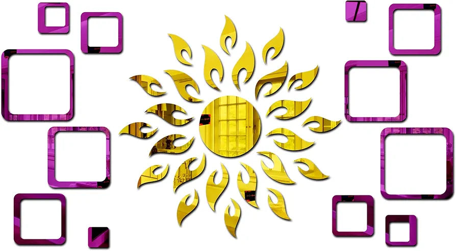 Bikri Kendra Ind Sun Golden with 12 Square Purple Mirror Stickers for Wall Decor Sticker Wall Mirror