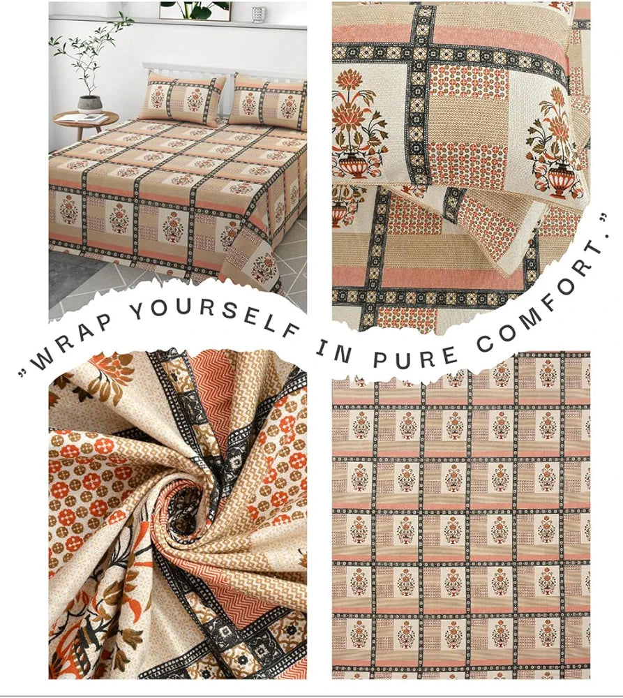 HomeKart Ultra Super Soft Pure Cotton Double Bedsheet with Two Pillow Covers for Your Bedroom Floral & Block Printed Premium Bedsheet Orange & Beige