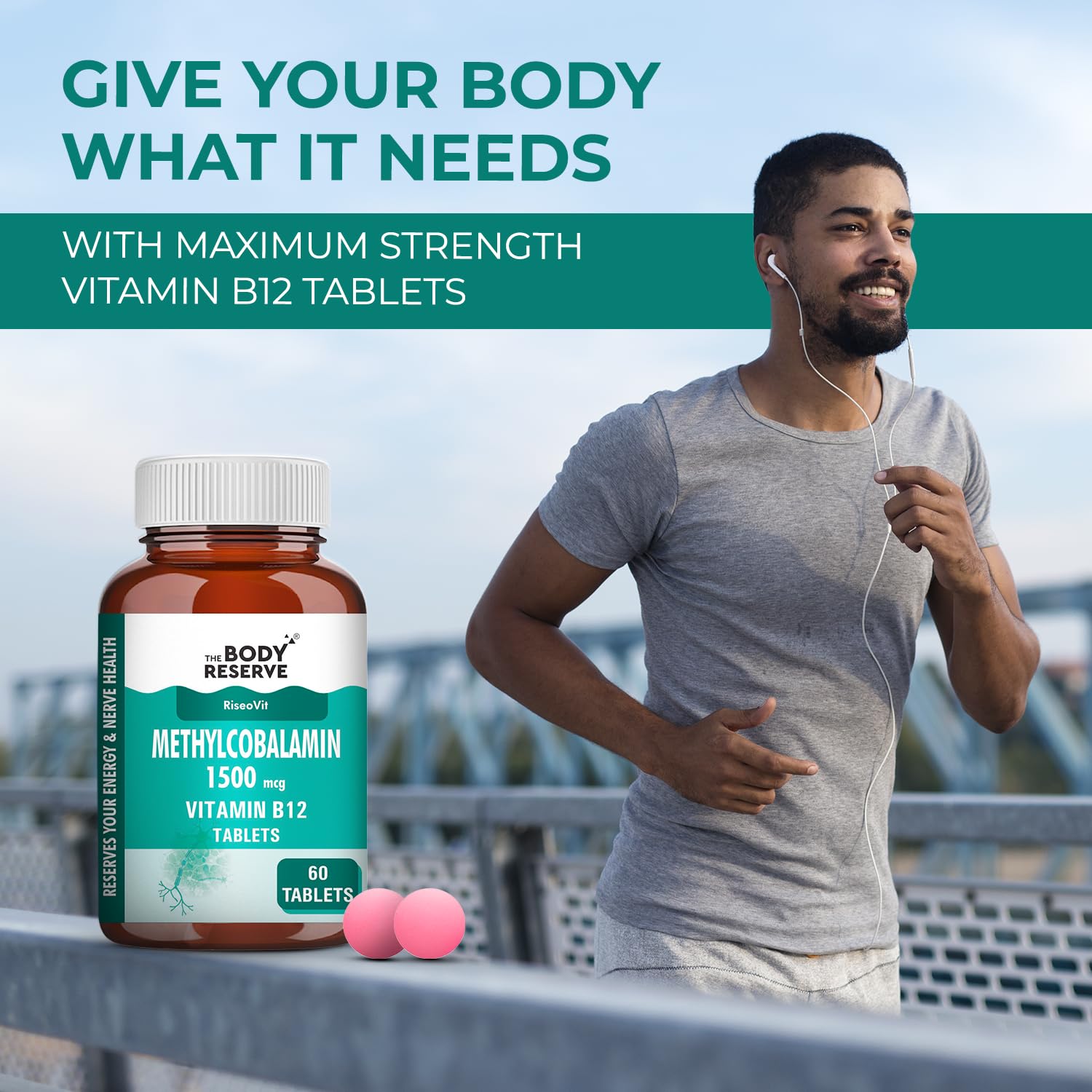 THE BODY RESERVE Vitamin B12 Tablets 1500 mcg as Methylcobalamin | Vitamin B12 Supplement for Energy, Focus & Nerve Health | 60 Veg Tablets (2 Months Supply Pack)