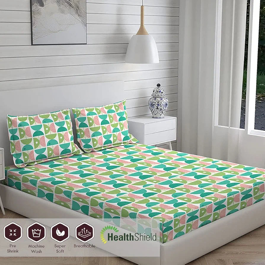 Layers Duracount Bedsheet Set for All Seasons Lightweight Moisture Absorbent Machine Washable 225 CVC Queen Size Green/Pink
