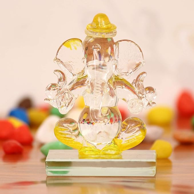 Ecraftindia Yellow and Transparent Double Sided Crystal Car Ganesha Showpiece