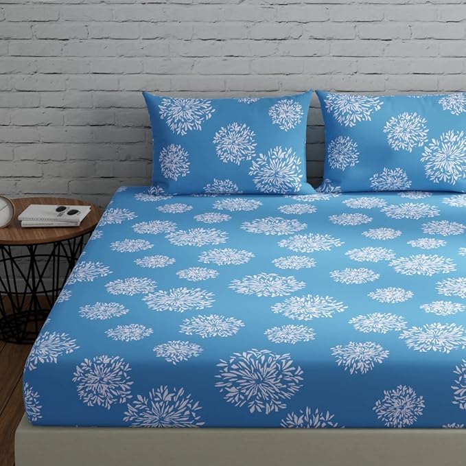 Huesland by Ahmedabad Cotton 144 TC Cotton Bedsheets for King Size Bed with 2 Pillow Covers | Blue