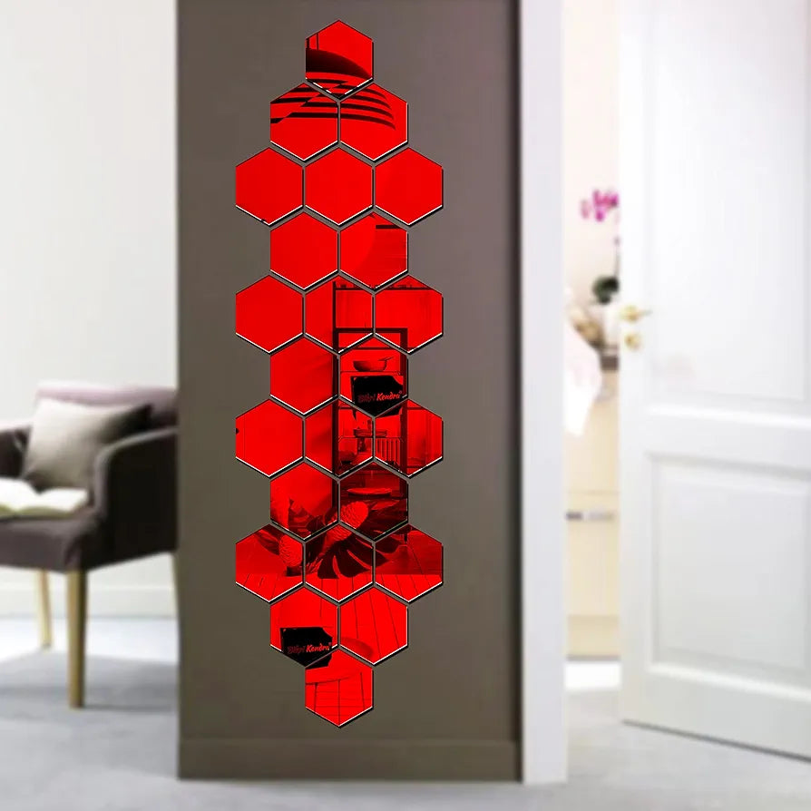 Bikri Kendra Hexagon 20 Red Stickers for Wall Acrylic Mirror Mirror Wall Decor Sticker