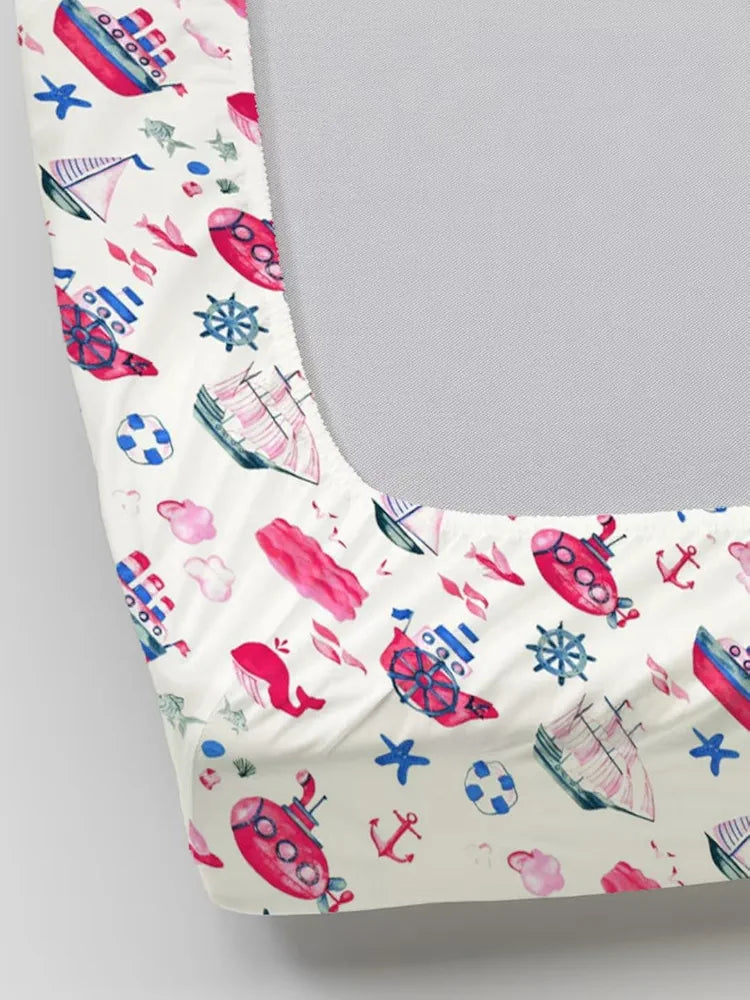 Trance Home Linen 180TC 100% Cotton 78"x72" Standard King Size Elastic Fitted Kids Bedsheet Printed King Bed Size with 2 Pillow Covers Colour Boat Pink
