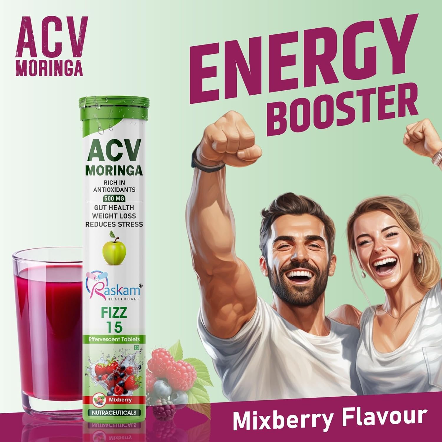 ACV Moringa Effervescent Tablets | Fizz 15 Tablets in Mixberries Flavour | Natural Energy & Immunity Booster with Antioxidants to Control Cravings | 500mg (Pack of 1)