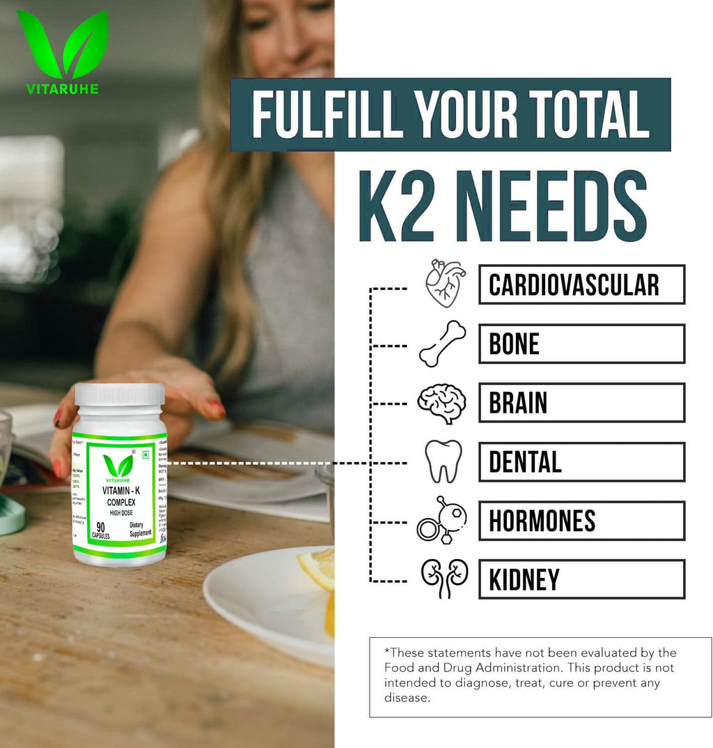 VITARUHE® Vitamin K Complex, High Dose K1 + K2 Menaquinone High Strength & Vegan (MK4 +MK7), 90 Capsules for 3 Months, Best Bioavailability, Supplement Without Additives (1)