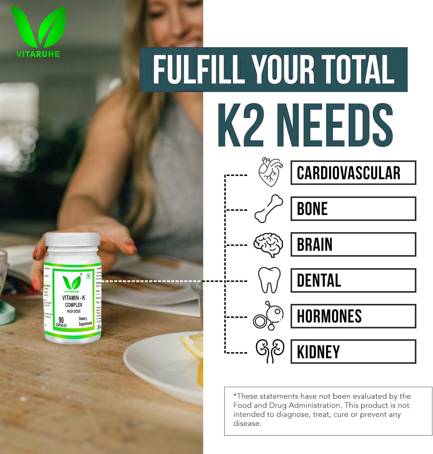 VITARUHE® Vitamin K Complex, High Dose K1 + K2 Menaquinone High Strength & Vegan (MK4 +MK7), 90 Capsules for 3 Months, Best Bioavailability, Supplement Without Additives (1)