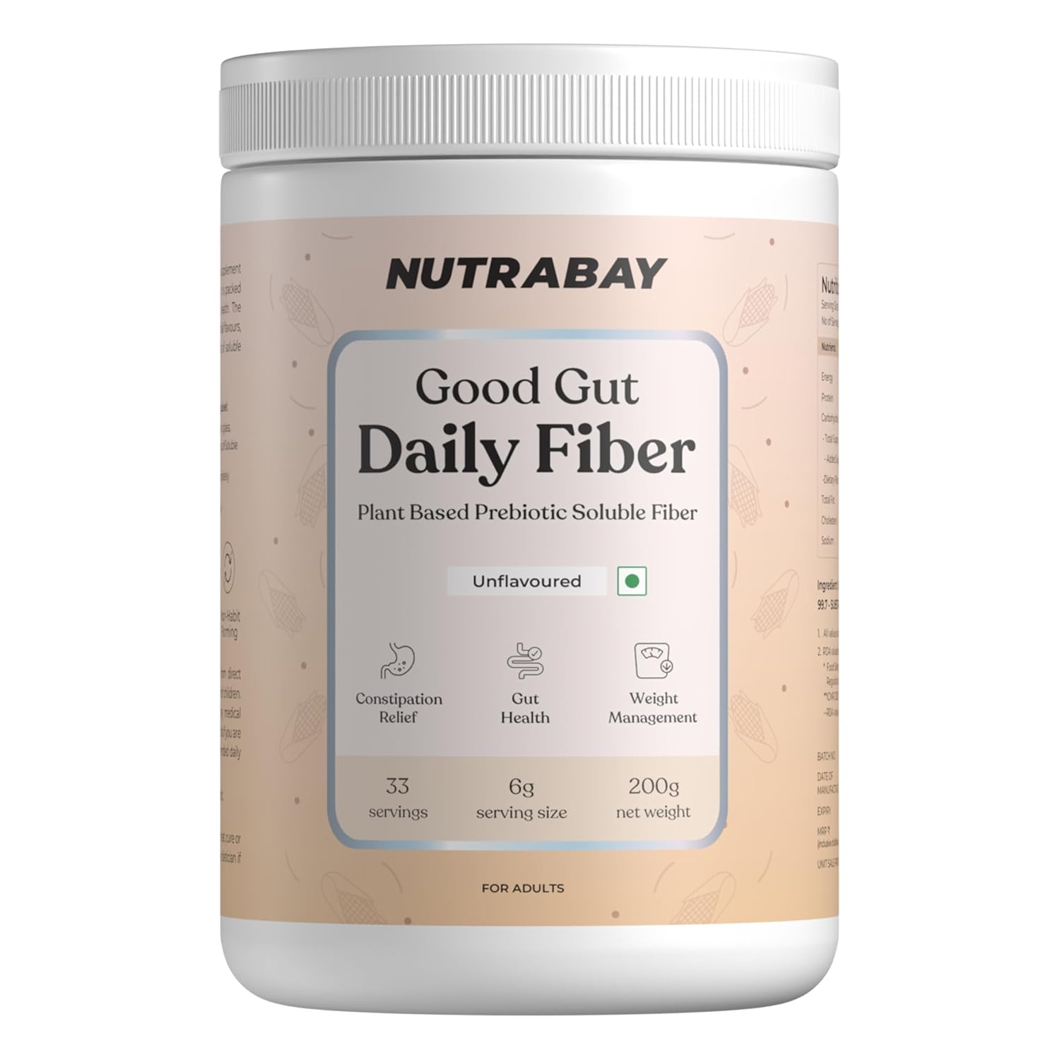 Nutrabay Good Gut Daily Fiber - 200 gm | 33 Servings | Unflavoured | Weight Management, Manages Sugar Control, Bloating, Constipation & Acidity Relief | Plant Based Prebiotic Soluble Fiber