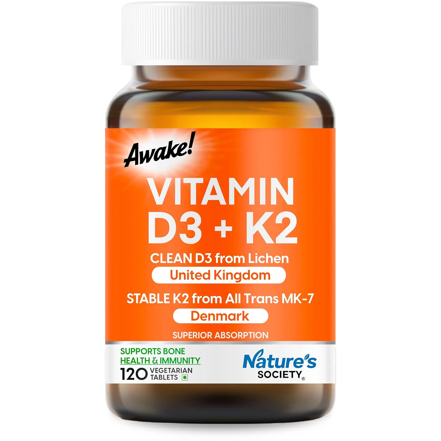 The Nature's Society Â® Vitamin D3 K2 Supplement | D3 from UK | K2 MK7 from Denmark | For Calcium Utilization, Bone Strength & Heart Health | D3 Supplement For Immunity | Vegan D3 - Lichen - 120 Veg Tablets (120 count)