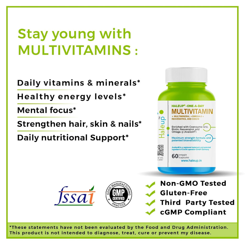 Haleup Multivitamins capsules for Women & Men 60 capsules - Multivitamin & Multimineral Supplements with Omega-3, Resveratrol, Coenzyme Q10 & Biotin