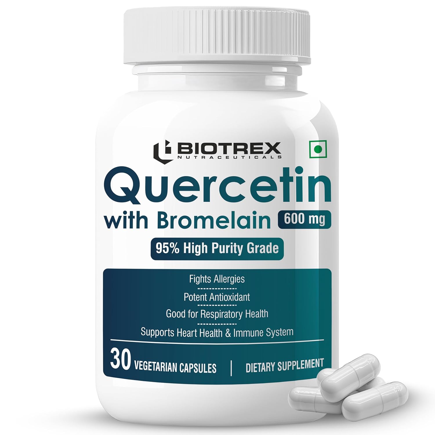 Biotrex Nutraceuticals Quercetin with Bromelain 600mg Better Respiratory Health | Antioxidant | Fights Allergies | Immunity & Cardiovascular Health - 30 Veg Capsules