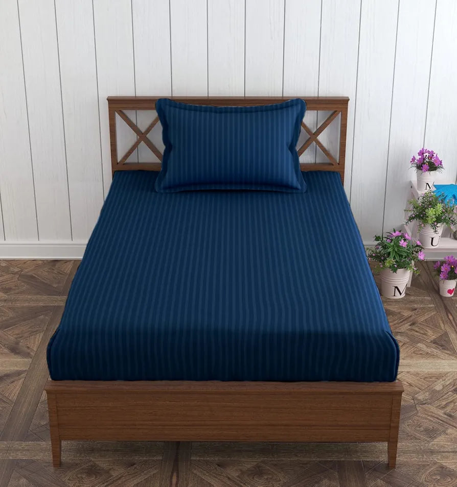 Trance Home Linen Cotton 78X36 Inch Single Fitted 200TC Satin Stripe Elastic Fitted Bedsheet With 1 Pillow Covers Colour Dark Blue
