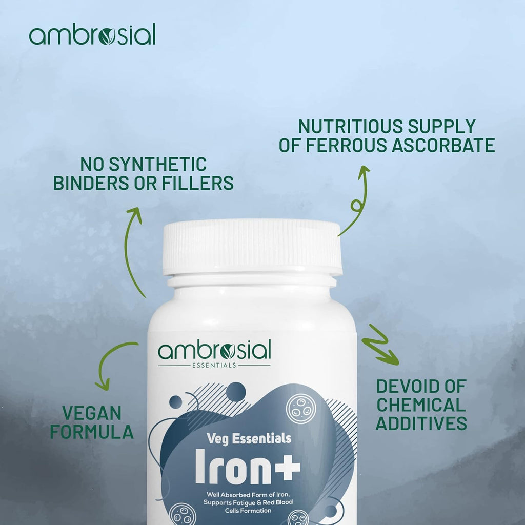 Ambrosial Iron Tablets High Strength 25mg| Iron Supplement for Women & Men| Blood Support & Helps Reduce Tiredness & Fatigue | Enhanced Absorption & Non - Constipating (Pack of 1-60 Capsules)