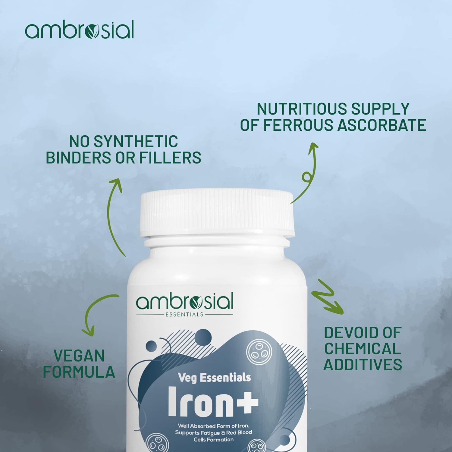 Ambrosial Iron Tablets High Strength 25mg| Iron Supplement for Women & Men| Blood Support & Helps Reduce Tiredness & Fatigue | Enhanced Absorption & Non - Constipating (Pack of 1-60 Capsules)