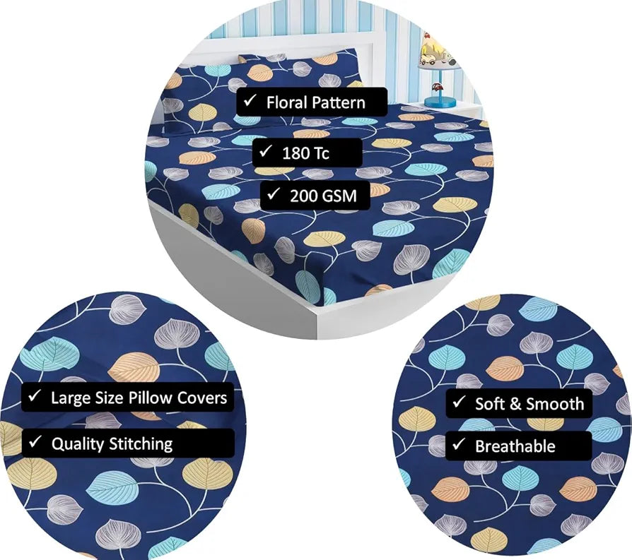 Homekart Premium Cotton Elastic Fitted Bedsheets with 2 King Size Pillow Covers Double Bed Flower Print Dark Blue 200 tc - 220 tc