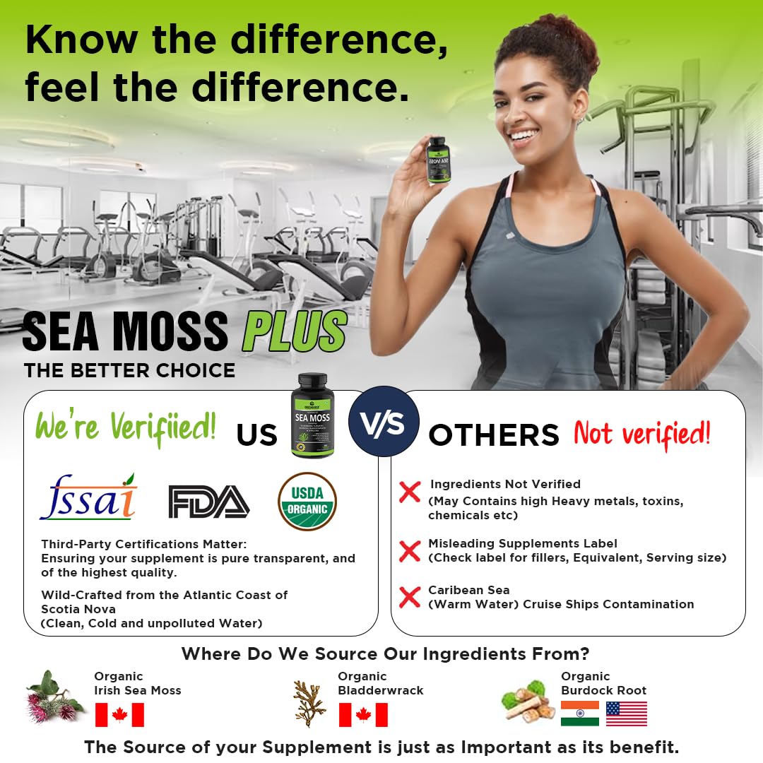 GREENDORSE Irish Sea Moss Vitality Capsules 7 In1 Formula-Gut Cleanse,Immunity,Joint & Thyroid Support-With Spirulina,Turmeric,Bladderwrack,Burdock|Superfood High In 90+ Minerals-60 Veg Capsules