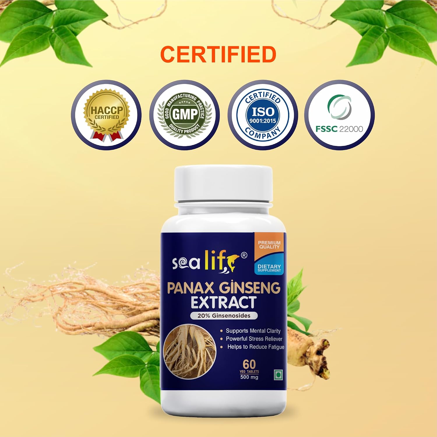 Sea Life Panax Ginseng | Korean Red Ginseng Supplement for Men & Women, Root Extract Powder for Energy and Stress Management (60 Tablets).