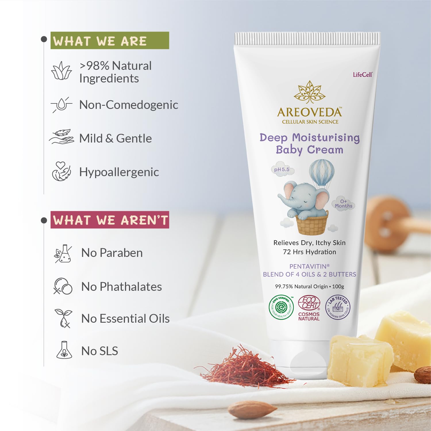 AreoVeda Deep Moisturising Cream (100gm) 24 Hrs Moisturization I Relieves Dryness I Safe From Day 1 I With Pentavitin & 6 Oils+Butters I Lab Tested, Ecocert Certified, EWG Verified