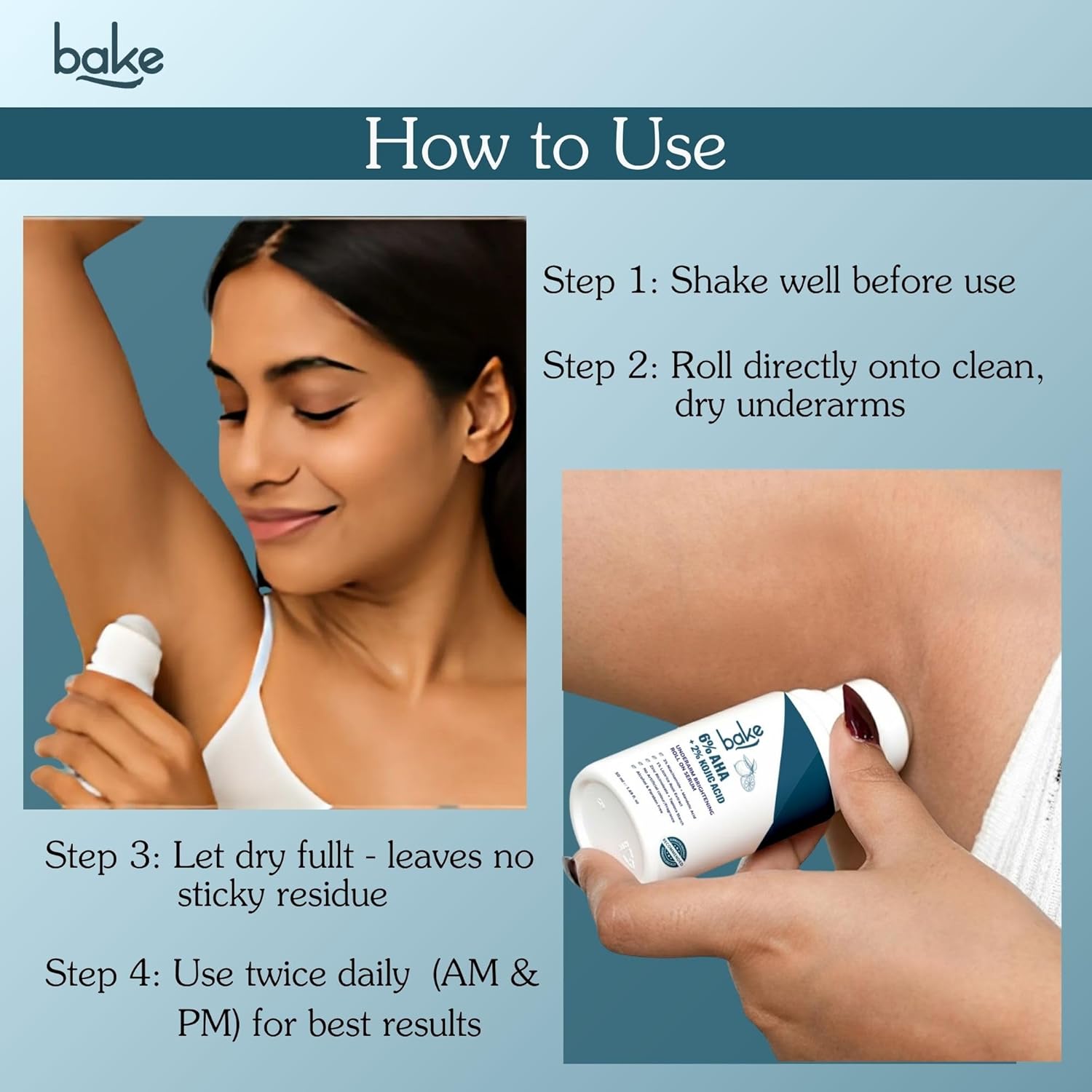 BAKE BrightEraseâ„¢ Underarm Brightening Roll On Serum with 6% AHA Complex, 2% Kojic Acid, 3% Niacinamide | Reduces Pigmentation, Dark Spots, Odour & Sweat | Brightening & Exfoliating Serum for Dark Underarms - 50ml