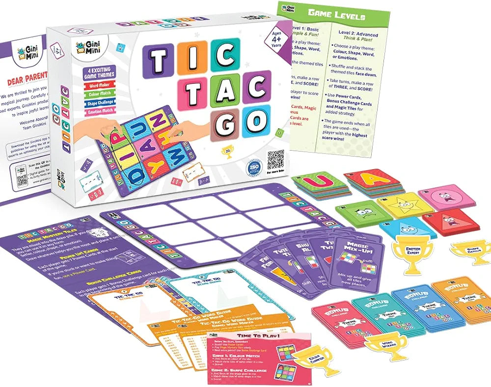 GiniMini Tic-Tac-Go! Sorting & Strategy Game for Kids 4 5 6 | 50+ Tiles Power-Up Cards Mystery Tiles & Challenges Educational Family Activity & Birthday Gift for Boys Girls Fun Learning Toy