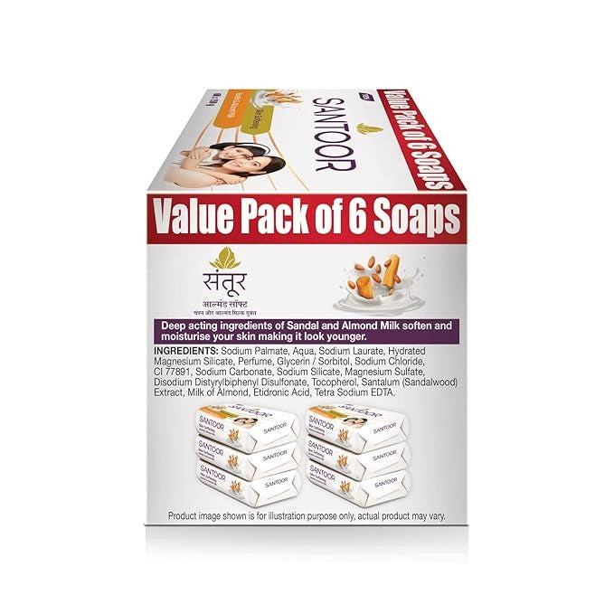 Santoor Skin Softening Sandal & Almond Milk Bathing Soap - 150 gms (Pack of 6)