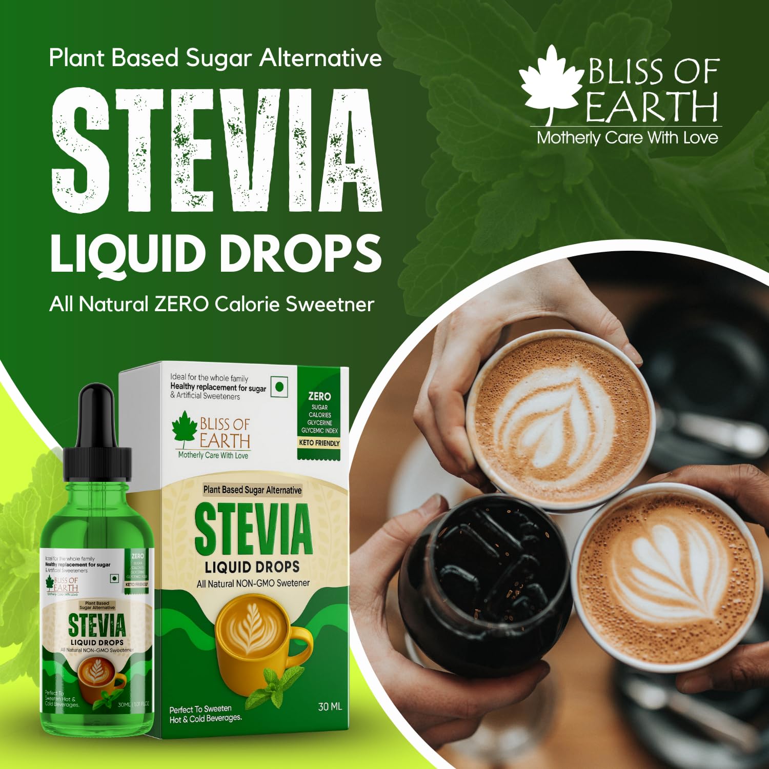 Bliss of Earth Stevia Liquid Sweetener â€“ Pure, Natural & Sugar Free Drops | Zero Calorie | 30ML | Perfect for Tea, Coffee, Shakes, Smoothies & Desserts | Keto & Diabetic Friendly