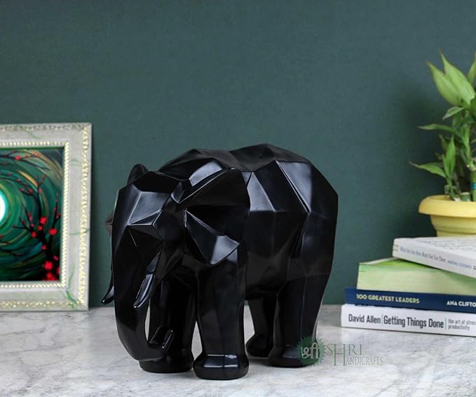 Indicast 8" Inch Abstract Black Elephant Sculpture Figurine Handicraft Home Desk Decor Geometric Resin Wildlife Statue | Black
