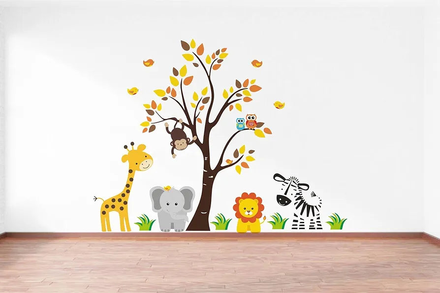 Rawpockets Pvc Vinyl Decals Baby Jungle Animals Story Extra Large Size Wall Reusable Self-adhesive Sticker Height 85 Cms X Width 110 Cms