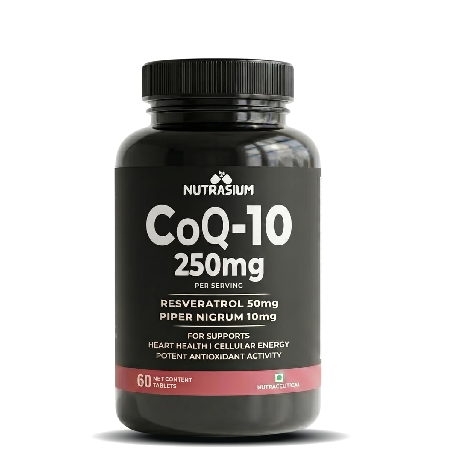 Nutrasium Co Enzyme Q-10 250 mg With Resveratrol | CoQ-10 Supplemets | For Heart & Vascular Health, Cellular Energy Boost, Potent AntiOxidant | 60 Veg Tablets (60 Veg Tablets, Co-Q10)