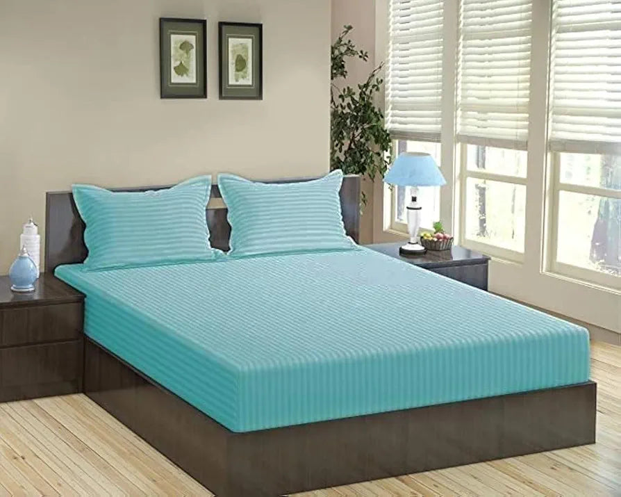 Trance Home Linen 100% Cotton 78x72 inch King Fitted 200TC Satin Stripe Elastic Fitted Bedsheet with 2 Pillow Covers Colour Sea Blue