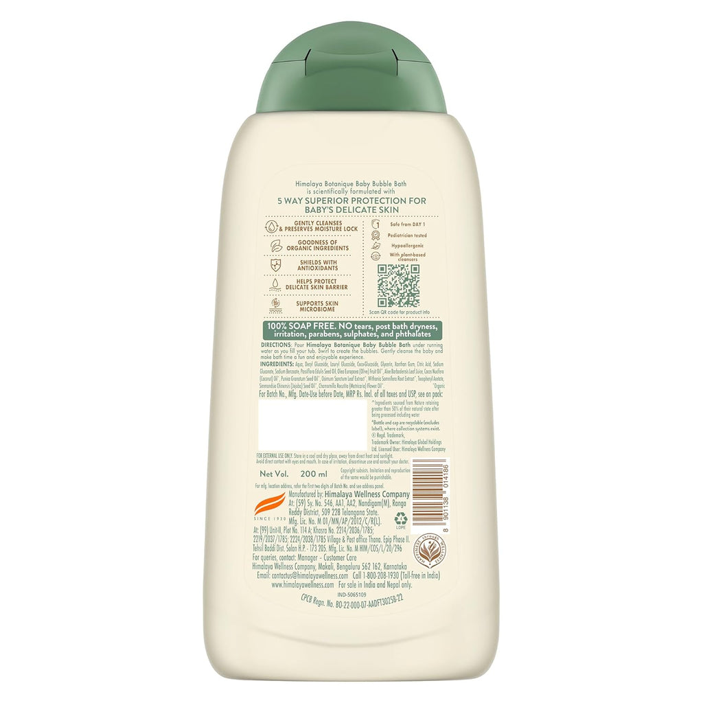 Himalaya Botanique Baby Bubble Bath 200 ml | Organic | Preserve Moisture Lock | No Tears | Dermatologically Tested | Helps Protect Skin Barrier | pH 5.5 | Hypoallergenic | No Added Fragrance