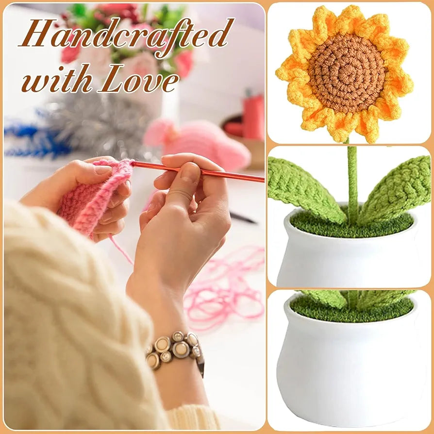 Handmade Crochet Sunflower Pot 1 PC Artificial Flower Knitted Flower