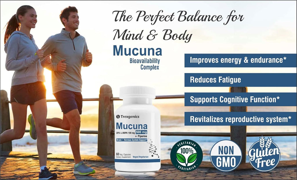 Trexgenics MUCUNA (20% L-Dopa) Pruriens (Kapikachhu) 500mg with Bio-enhancer Piperine 5mg Dopamine Booster Complex, Brain function, Nervous System (60 Vcaps) (1)