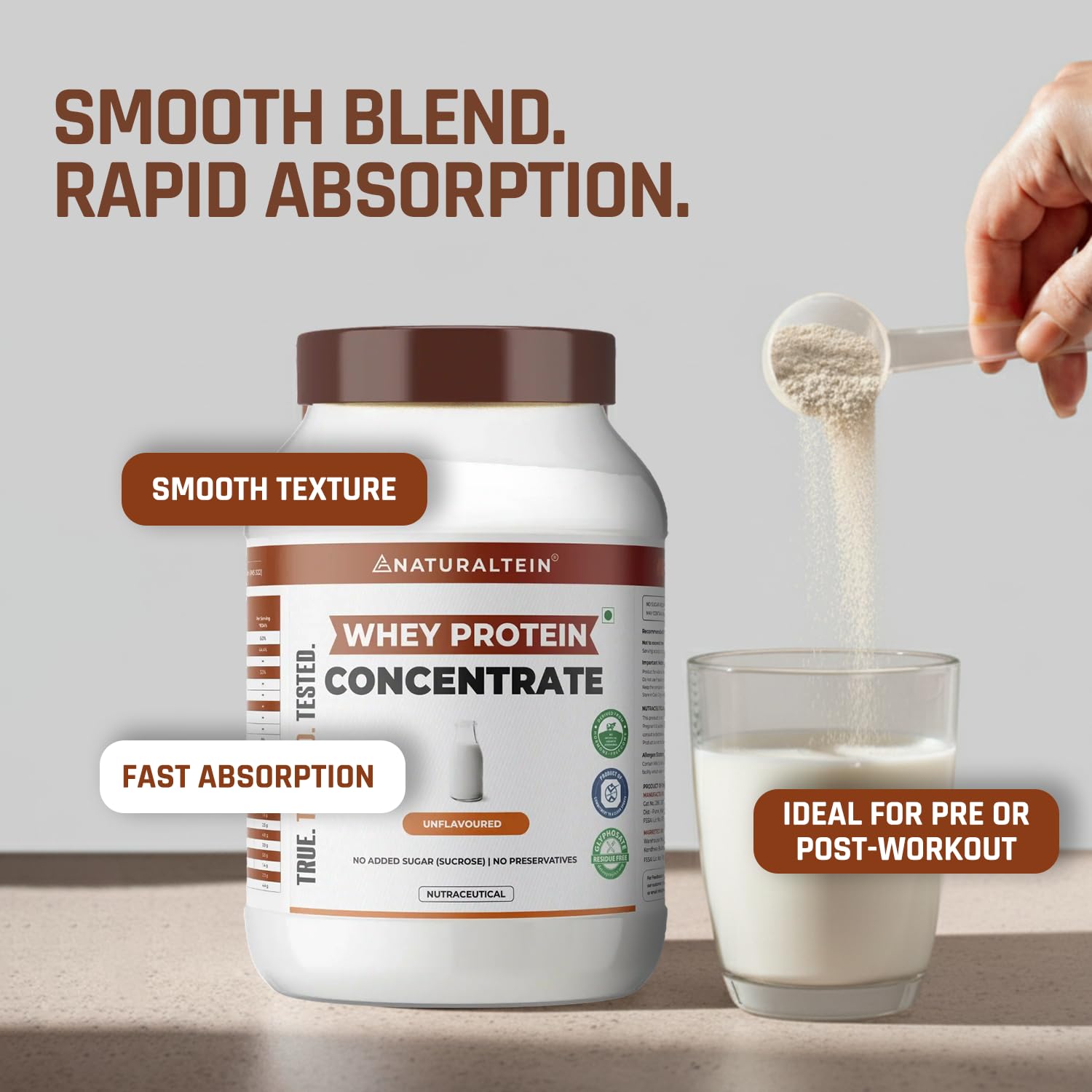NATURALTEIN Natural Whey Protein Concentrate â€“ 1 kg (Unflavoured) | 24 g Protein per 30 g Serving | Naturally Flavoured, Non-GMO | No Artificial Sweeteners | Light, Smooth & Easy to Digest