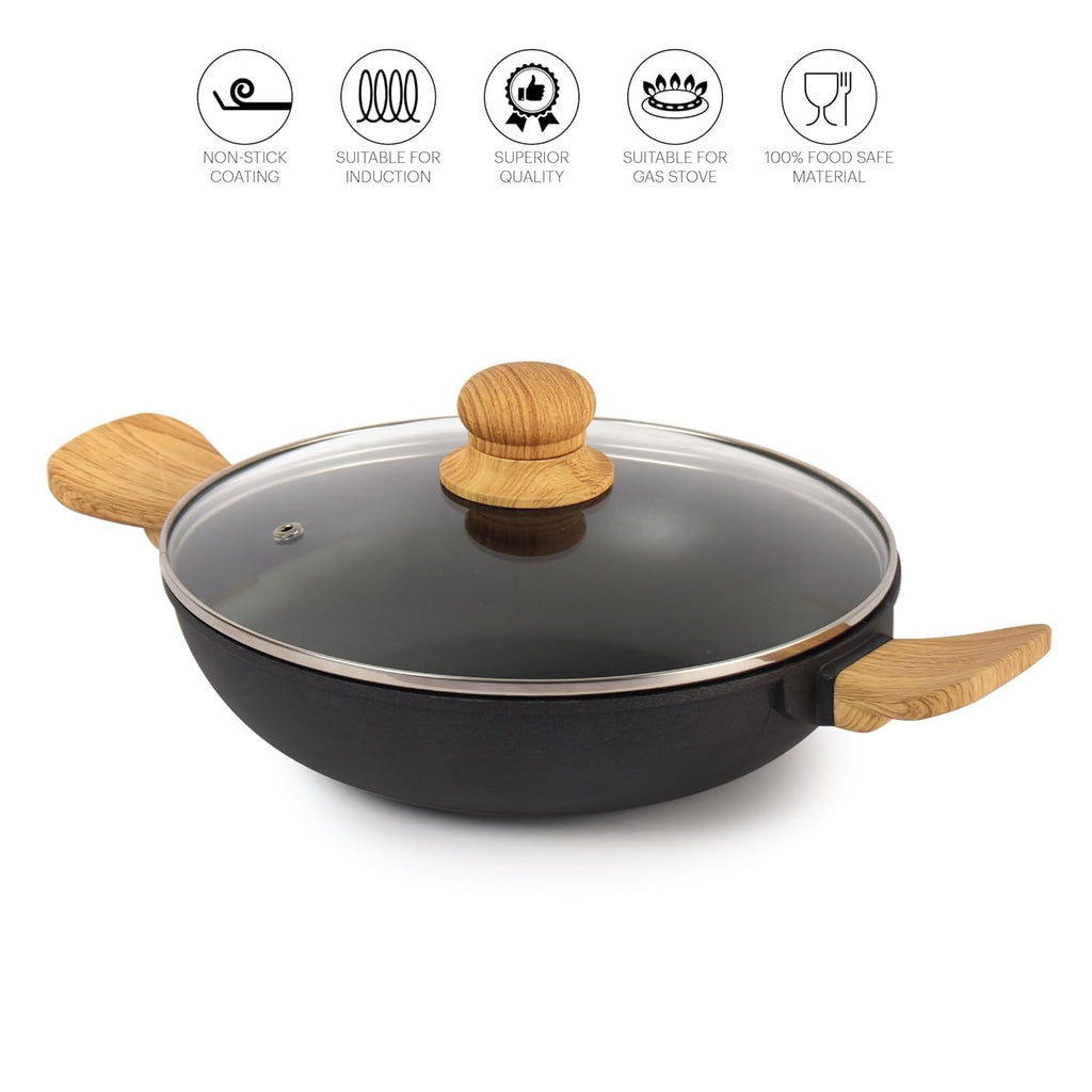 Cello Castello Die Cast Induction Aluminium Kadhai With Glass Lid 24 Cm, 4 Mm Thickness | Induction Base Kadhai | Wooden Handle