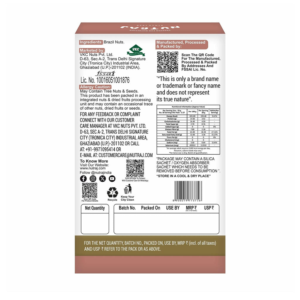Nutraj Brazil Nuts Roasted 100g Pouch | No Added Preservatives | Handpicked & Exotic | Raw & Unsalted Natural Whole